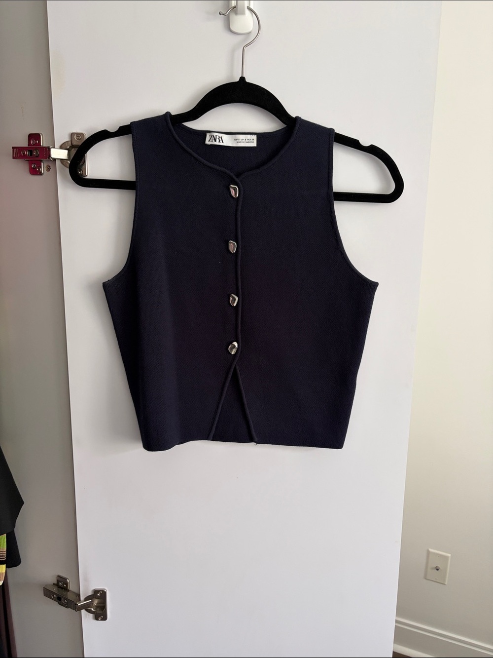 ZARA Navy Sleeveless Button-Front Crop Knit Top